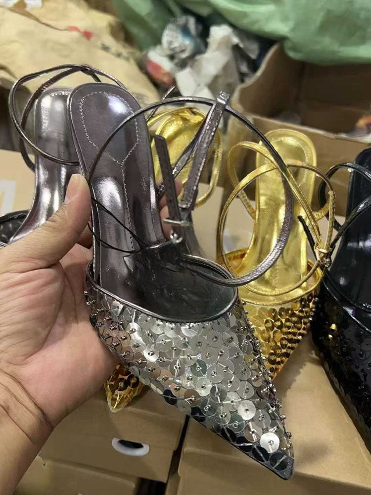 2026 New Style Elegant Sequined Pointed Toe Sandals for Women - High Heels