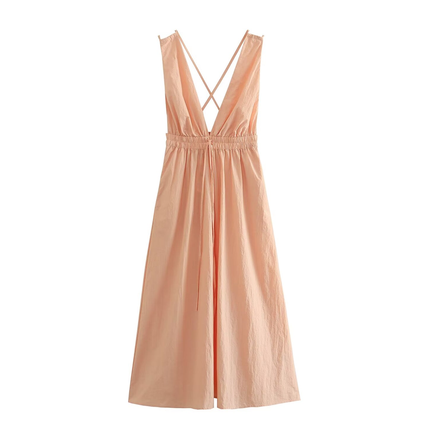 Women's new fashion sleeveless backless V-neck nylon MIDI dress