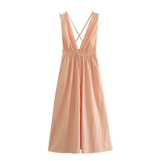 Women's new fashion sleeveless backless V-neck nylon MIDI dress