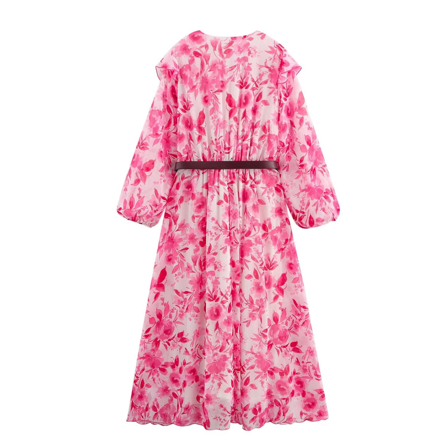 Women's new chic fashion With Belt casual layered decoration print V-neck MIDI dress retro long sleeved women's dress