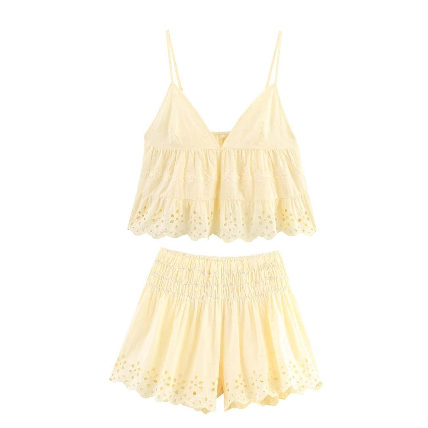 suit Women's 2 pieces New Fashion Short embroidered suspender top+ Shorts suit