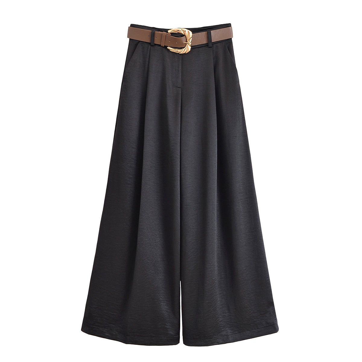 Women's new fashion with belt loose satin texture pleated pants high waisted casual pants