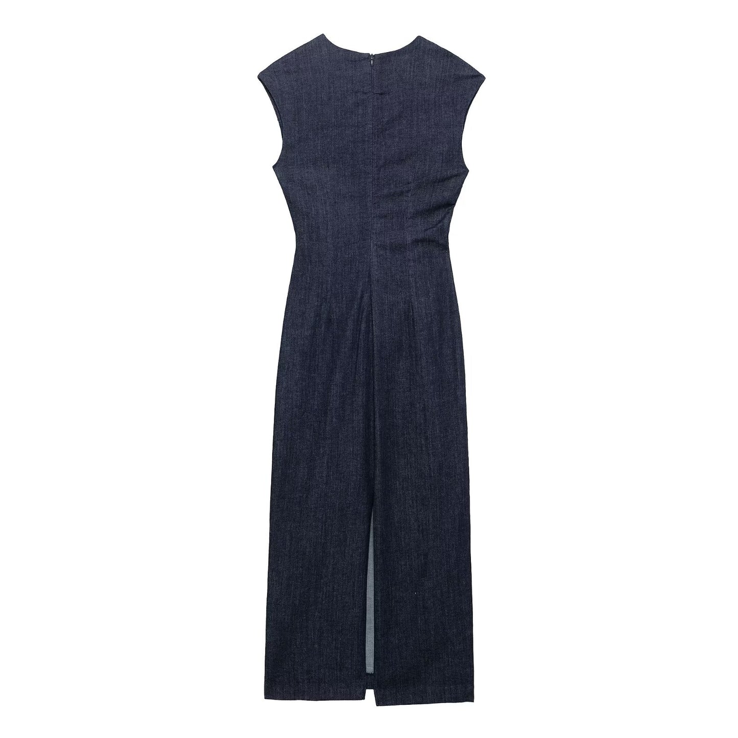 Women's new fashion pleated decoration sleeveless split denim Midi dress