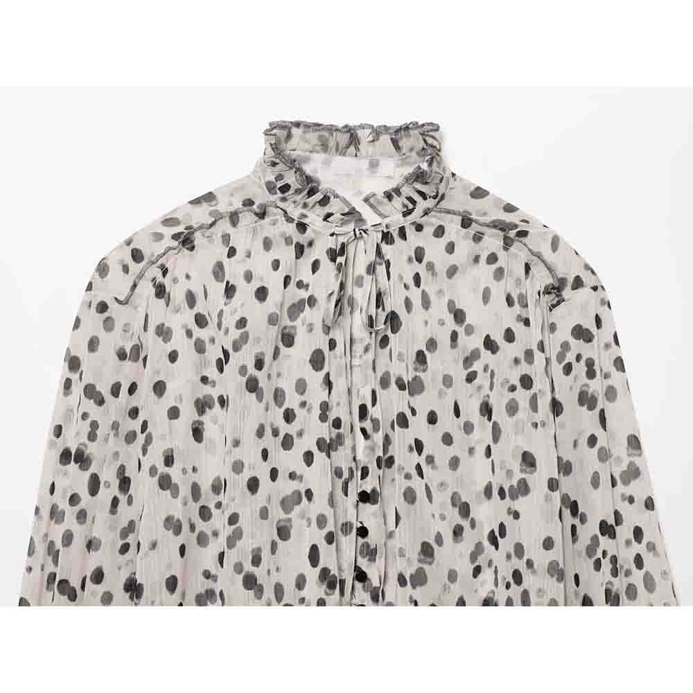 Women's New Fashion loose single breasted stand collar polka dot printed shirt