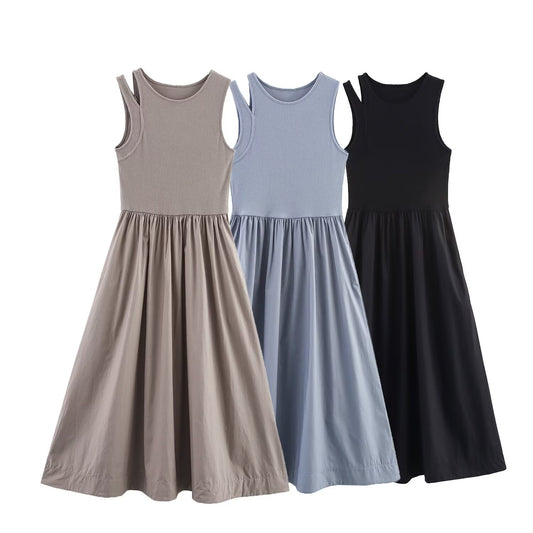 Women's new fashion elastic slim O-Neck sleeveless wide pleated MIDI dress