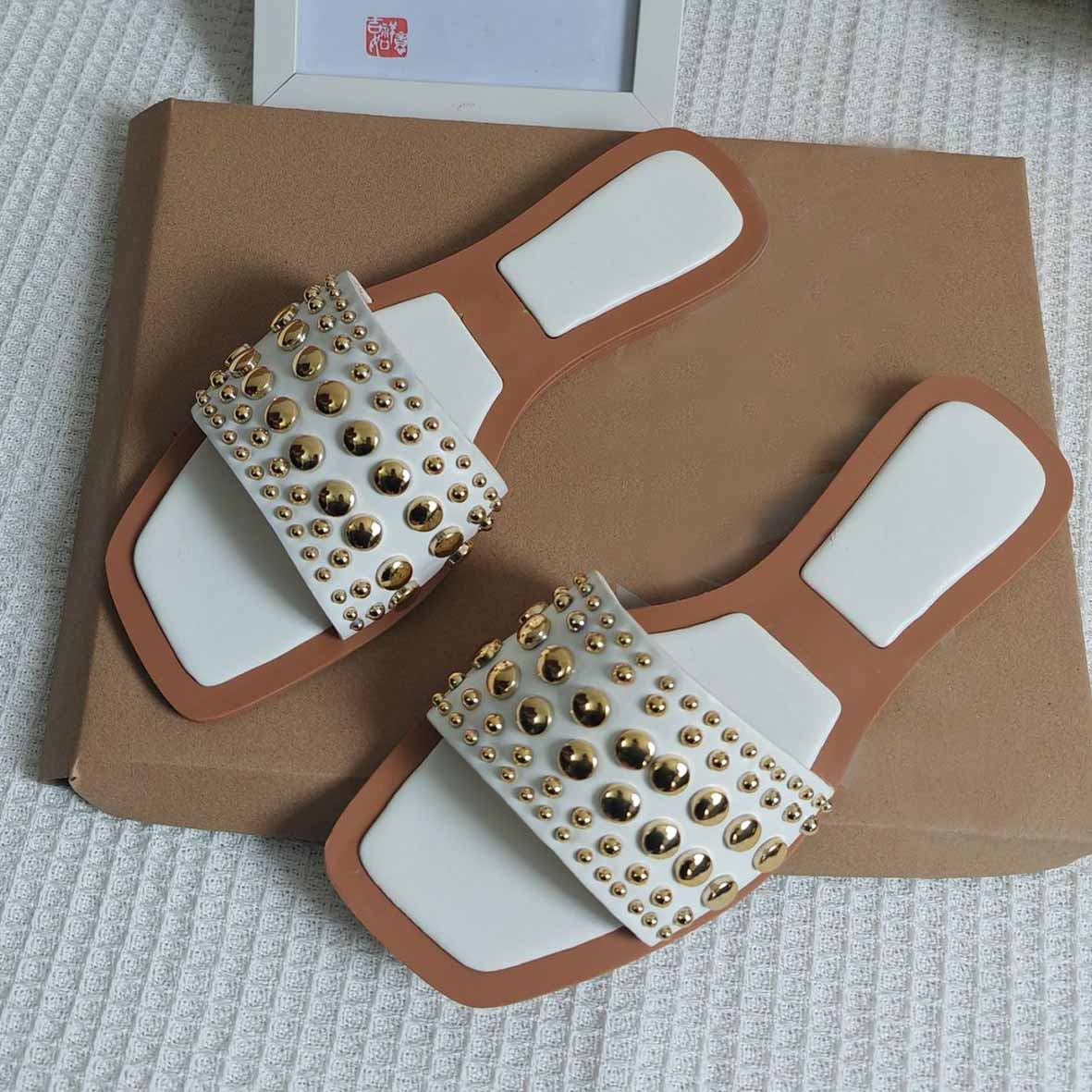 Women's New Fashion Casual Joker Flat Shoes Square Head PVC Rhinestone Rivet Semi-trailer Sandals Women's Shoes.