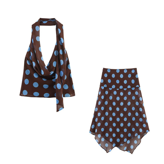 suit Women's 2 pieces new fashion with scarf polka dot print hanging neck top+Skirts suit