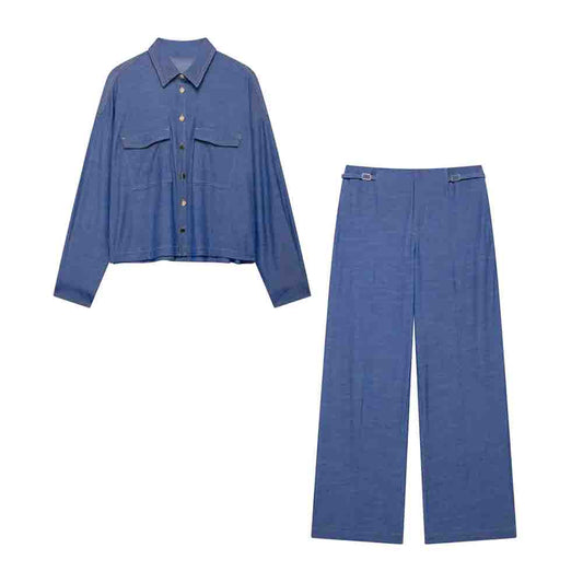 Women's new fashion loose single breasted long sleeved denim shirt coat+jeans women's suit