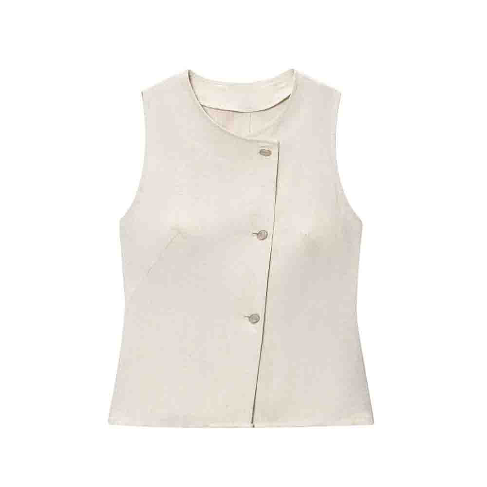Women's new fashion sleeveless linen blend vest style top+Pants suit