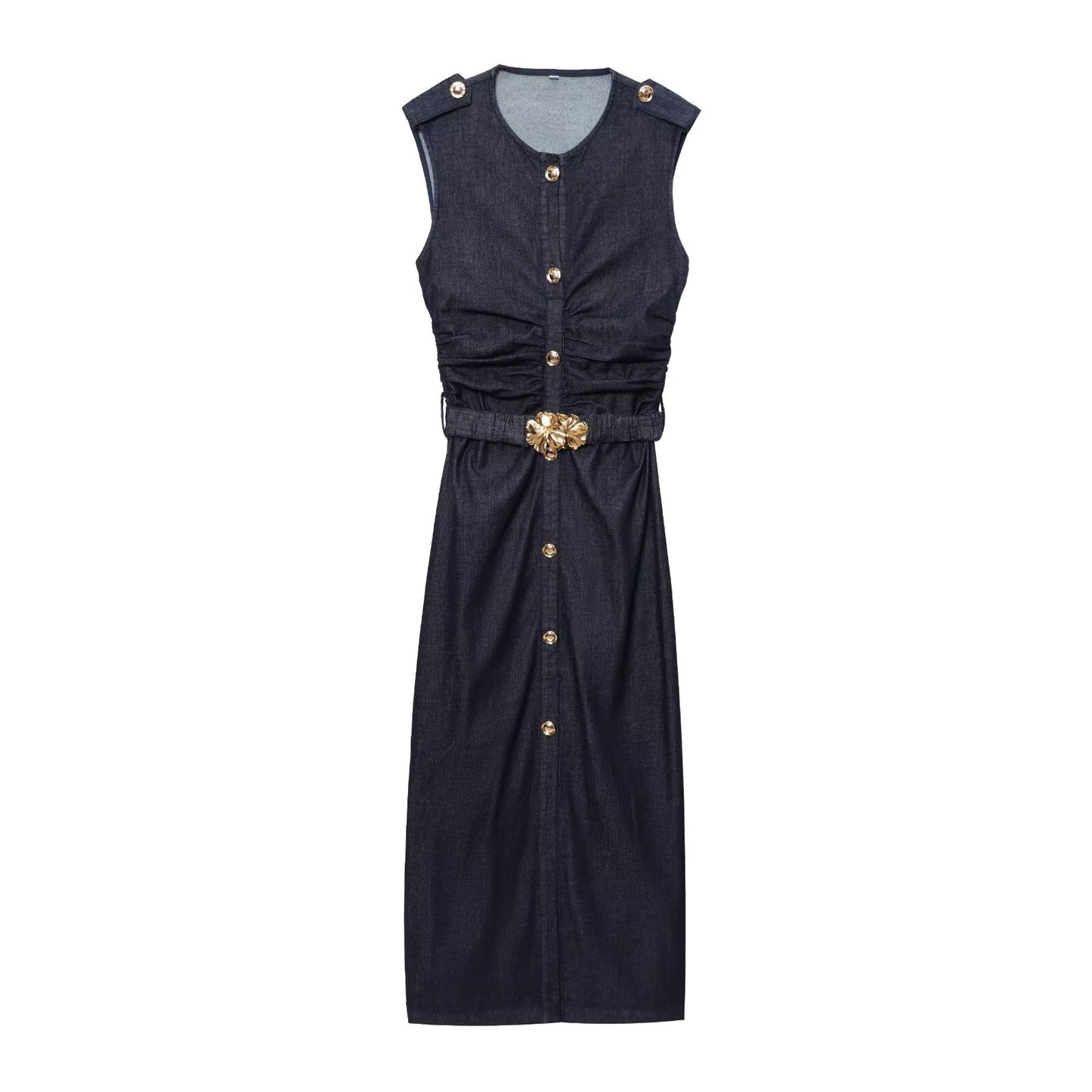 Women's 2025 new fashion with Belt slim pleated denim Midi dress