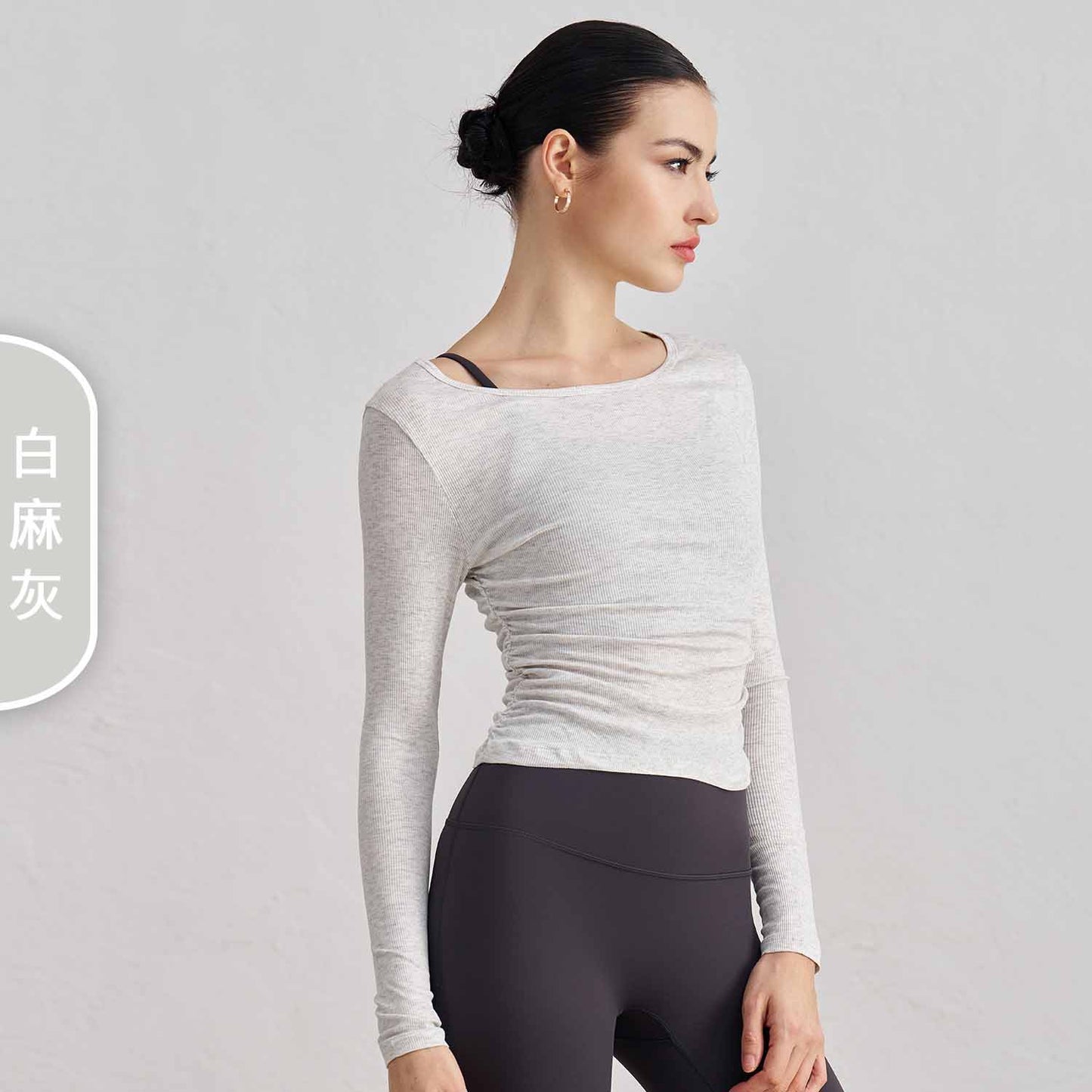 Women's New Ribbed Nude Yoga Clothes Pleated Slim Round Tie Finger Sleeve Fitness Long Sleeve Top