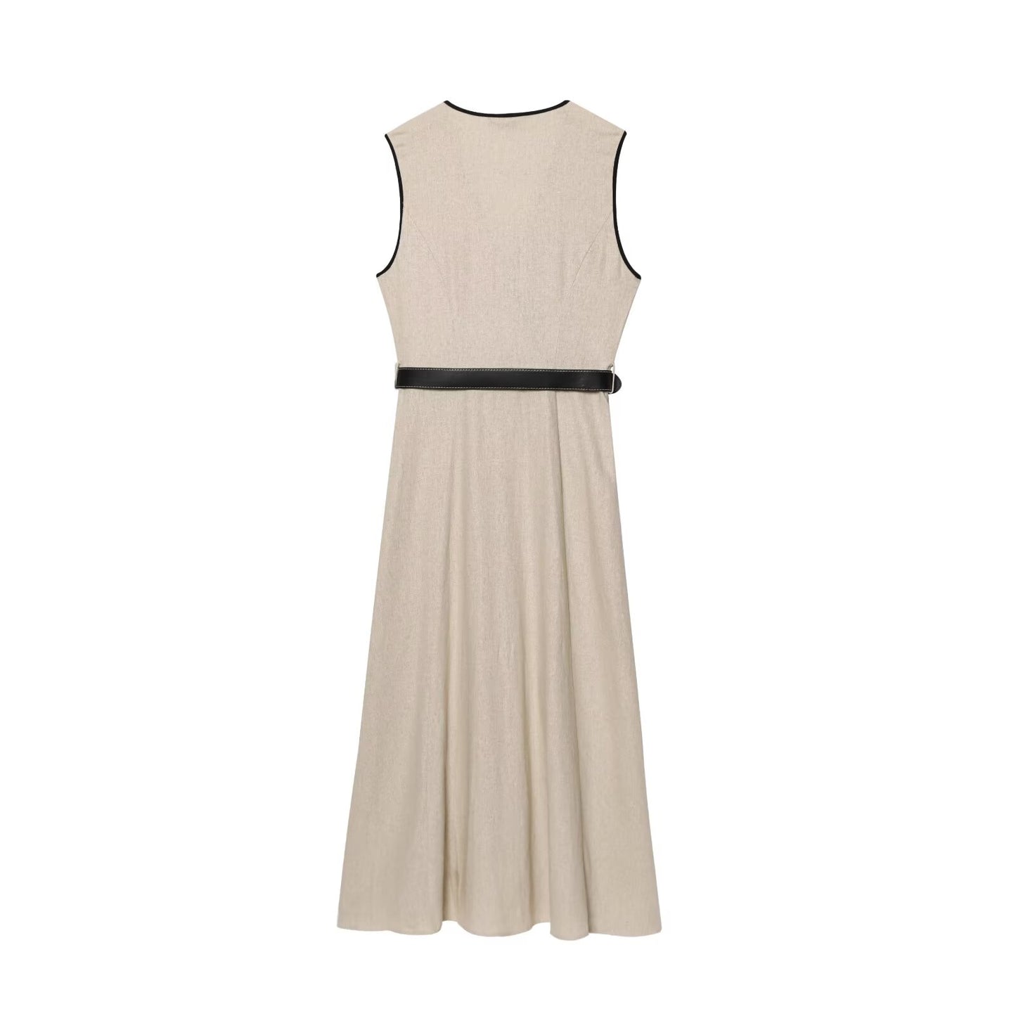 Women's new fashion With Belt Sleeveless Linen Blended V-neck Midi Dress