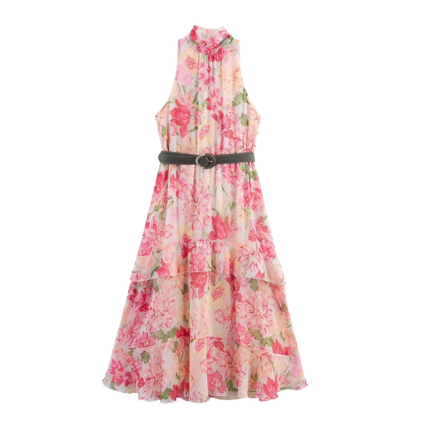 Women's' New Fashion With Belt Sleeveless Flower Printed Midi Dress