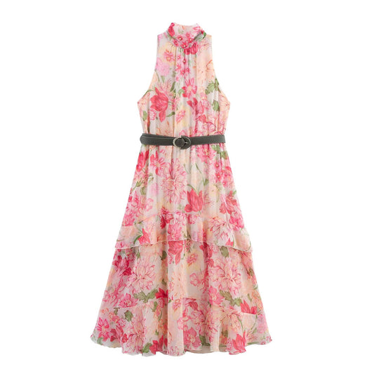 Women's' New Fashion With Belt Sleeveless Flower Printed Midi Dress