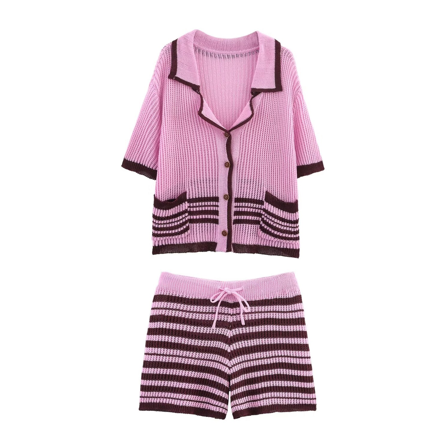 Women's new fashion casual single breasted striped knitted polo shirt coat+Shorts Women's suit