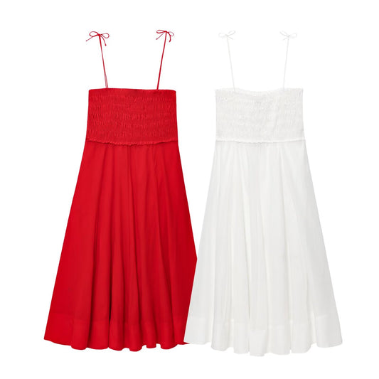 Women's new fashion pleated design cotton suspender MIDI dress