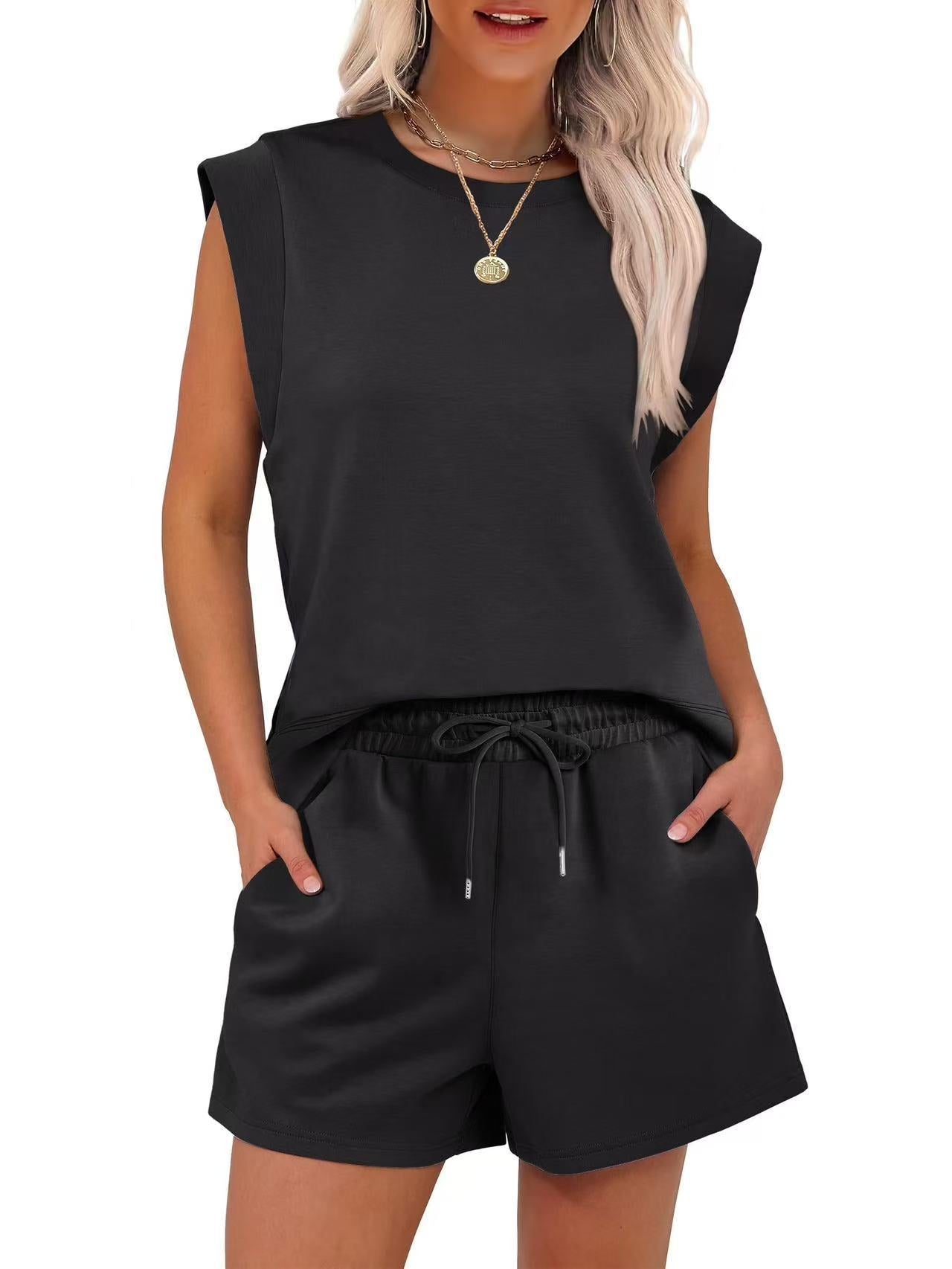 Women's Summer 2-piece Suit with Round Neck Cover Sleeve Top and Pocket Shorts Suit