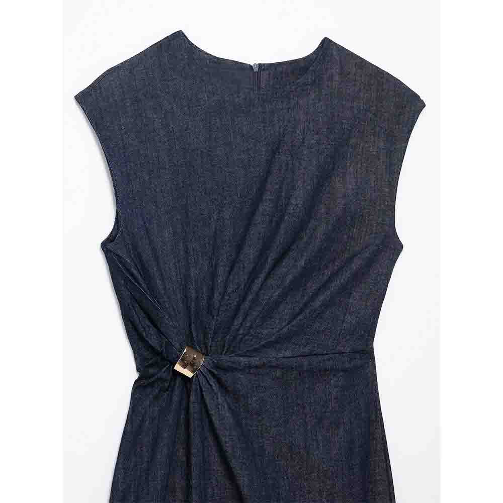 Women's new fashion pleated decoration sleeveless split denim Midi dress