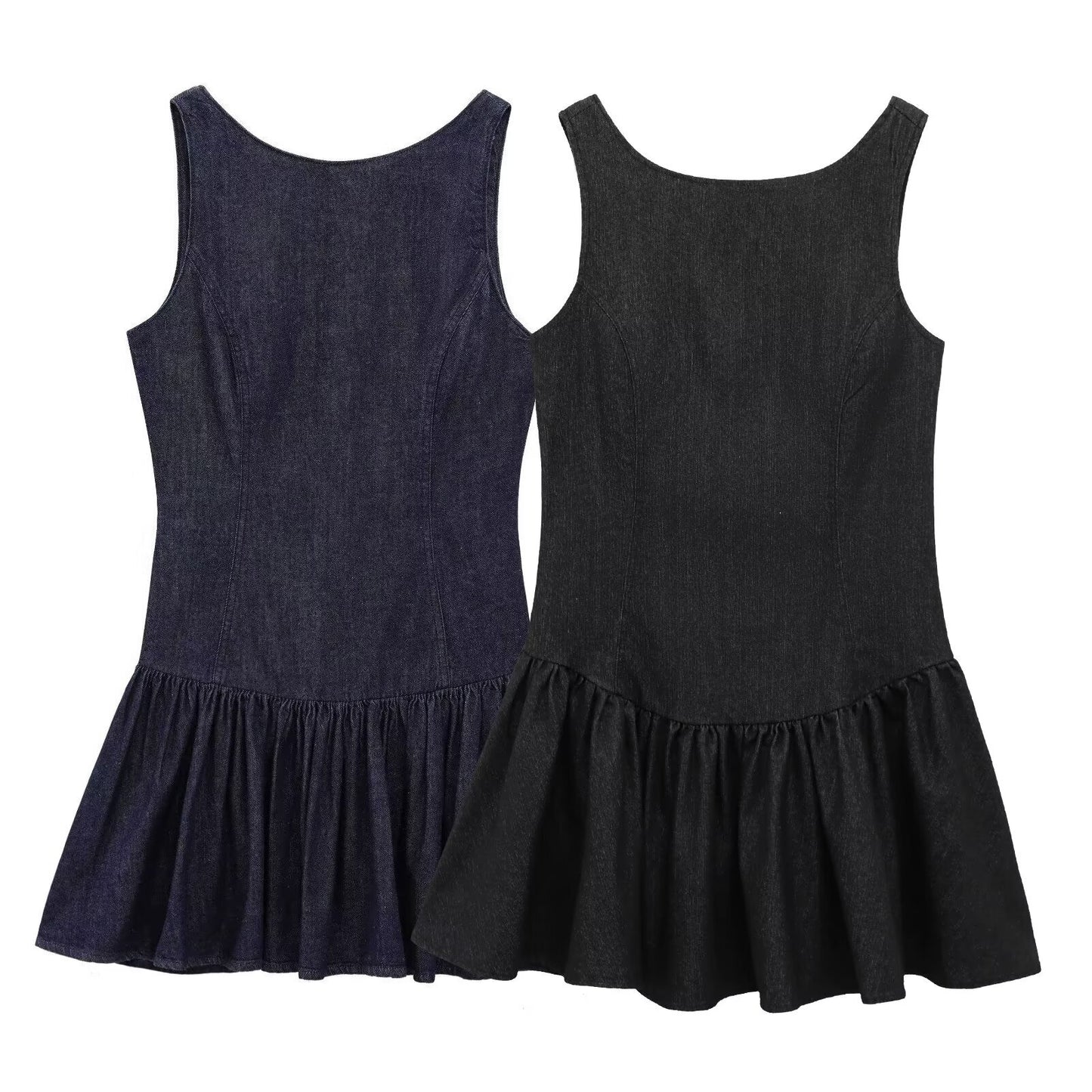 Women's new fashion layered decoration backless denim effect mini dress