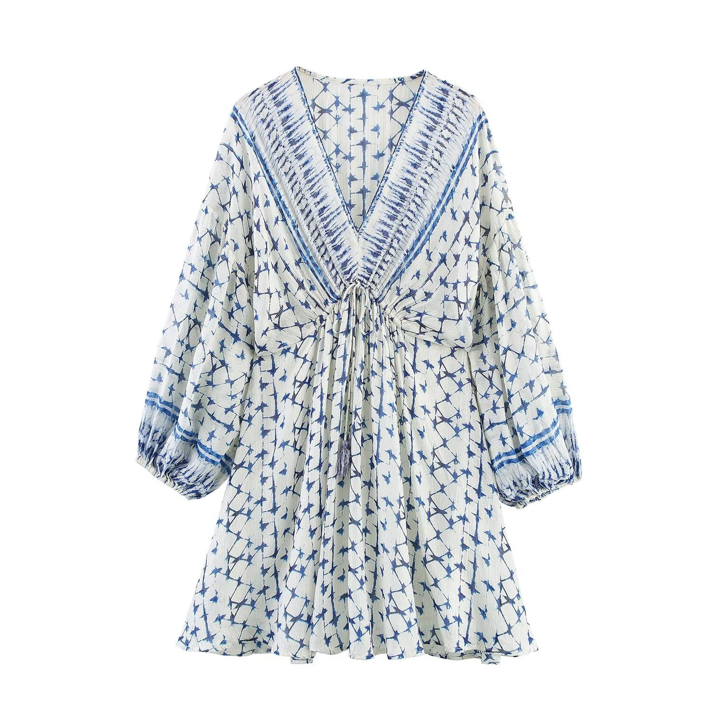 Women's' New Fashion pleated decorative long sleeved printed V-neck mini dress