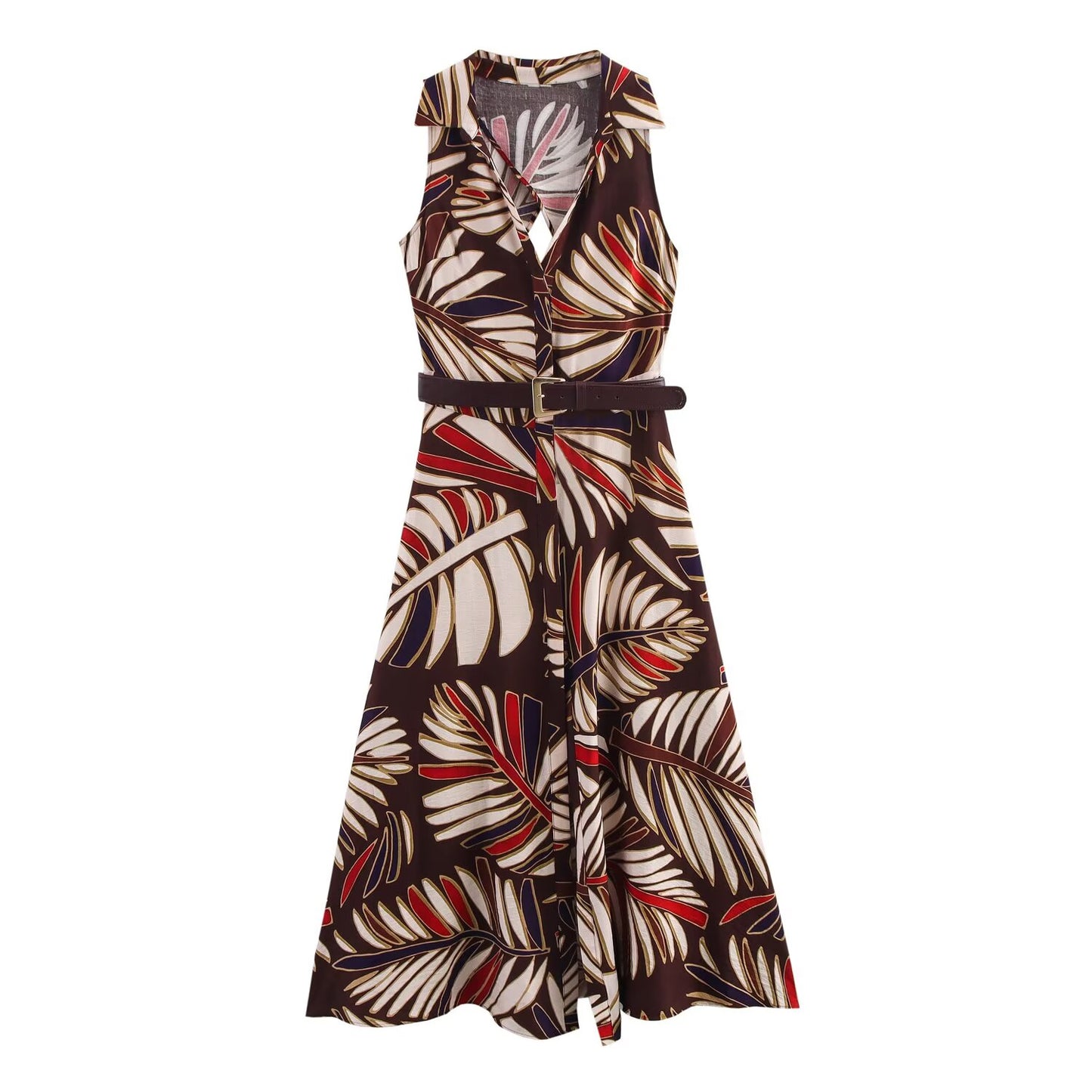 Women's New Fashion With Belt Single breasted Printed Midi Dress