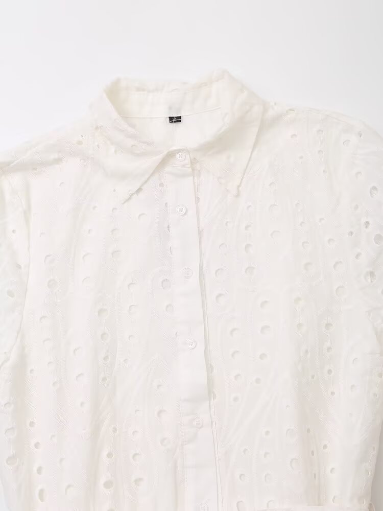 Women's New Fashion With Belt Hollow Embroidered shirt style Mini Dress