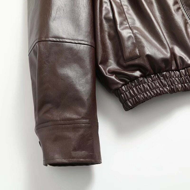 Women's new fashion casual lapel faux leather flight jacket Coat