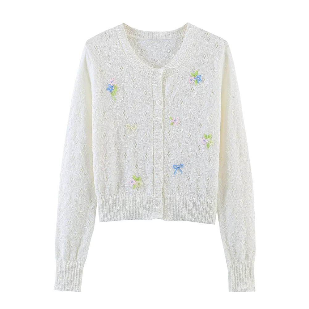 Women's floral embroidery hollowed out knitted cardigan
