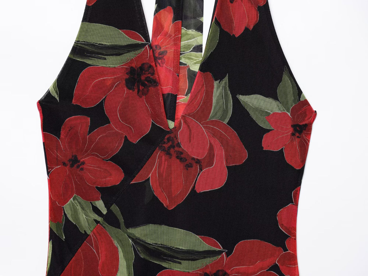 Women's New Fashion Tight Backless tulle Printed Hanging Neck Midi Dress