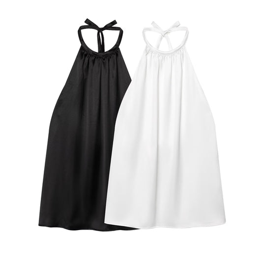 Women's new fashion draped design sleeveless backless hanging neck collar top