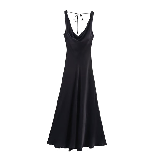 Women's' New Fashion black slim satin texture draped suspender MIDI dress