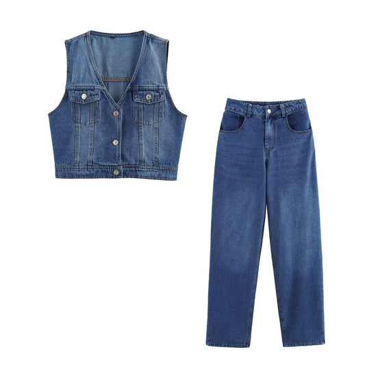 Women's new fashion short single breasted V-neck denim vest+Jeans Women's suit