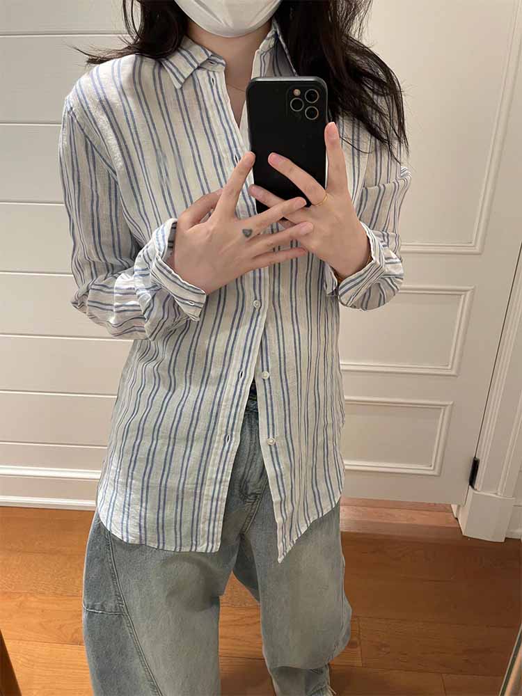 Women's New Fashion Joker Casual Sun Protection Embroidered Slub Cotton Pinstripe Lapel Long Sleeve Shirt Top.