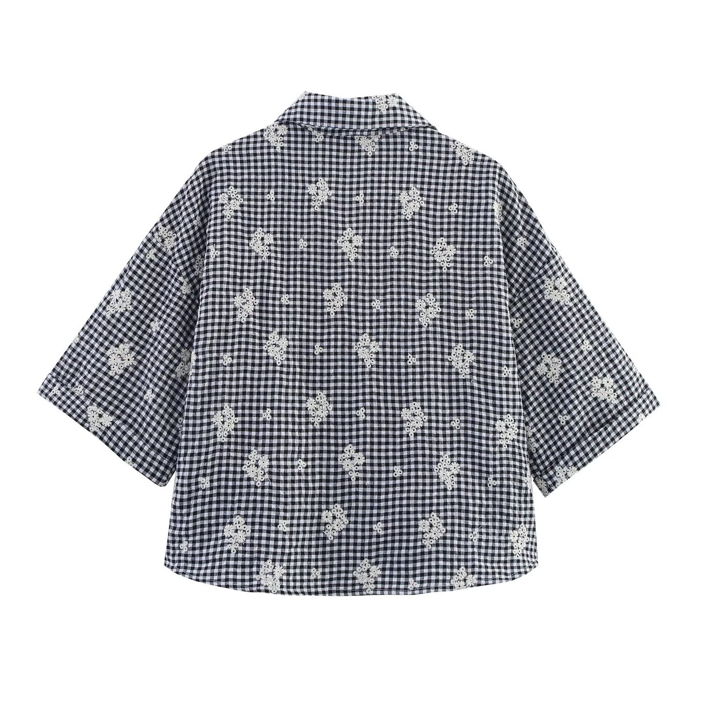 Women's new fashion short sleeved embroidered Plaid shirt+Pants suit