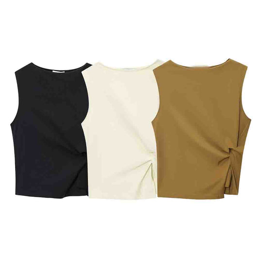 Women's new fashion slim boat neck pleated texture vest top