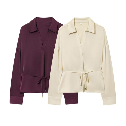 Women's New Fashion With Belt Satin Texture Lapel Shirt