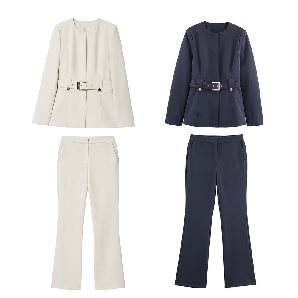Women's new fashion with Belt slim round neck suit jacket+Pants suit