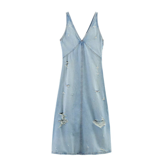 Women's new fashion hole decoration sleeveless V-neck denim Midi dress