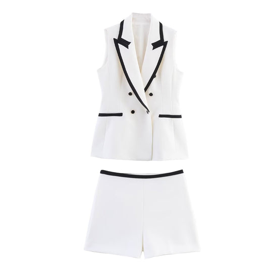 Women's new fashion casual double breasted lapel vest retro sleeveless women's vest+Shorts Women's suit
