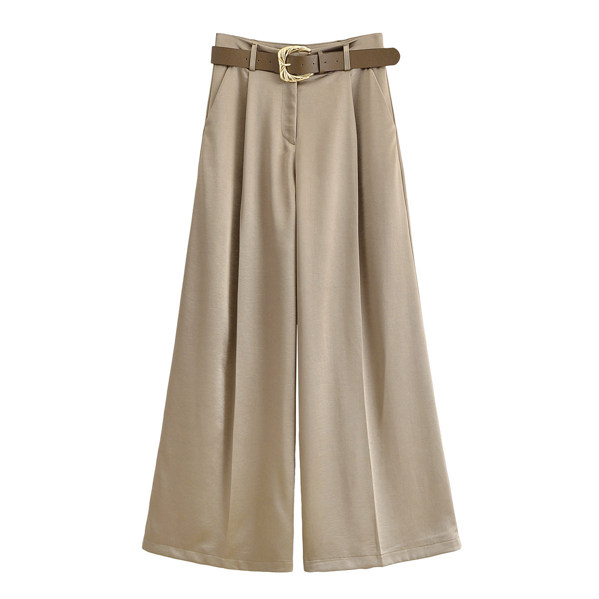 Women's new fashion with belt loose satin texture pleated pants high waisted casual pants