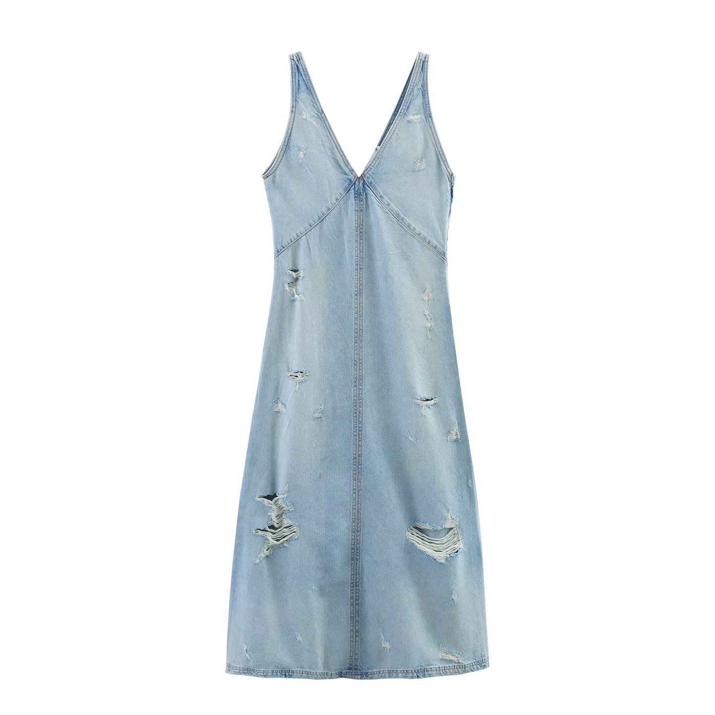 Women's new fashion hole decoration sleeveless V-neck denim Midi dress