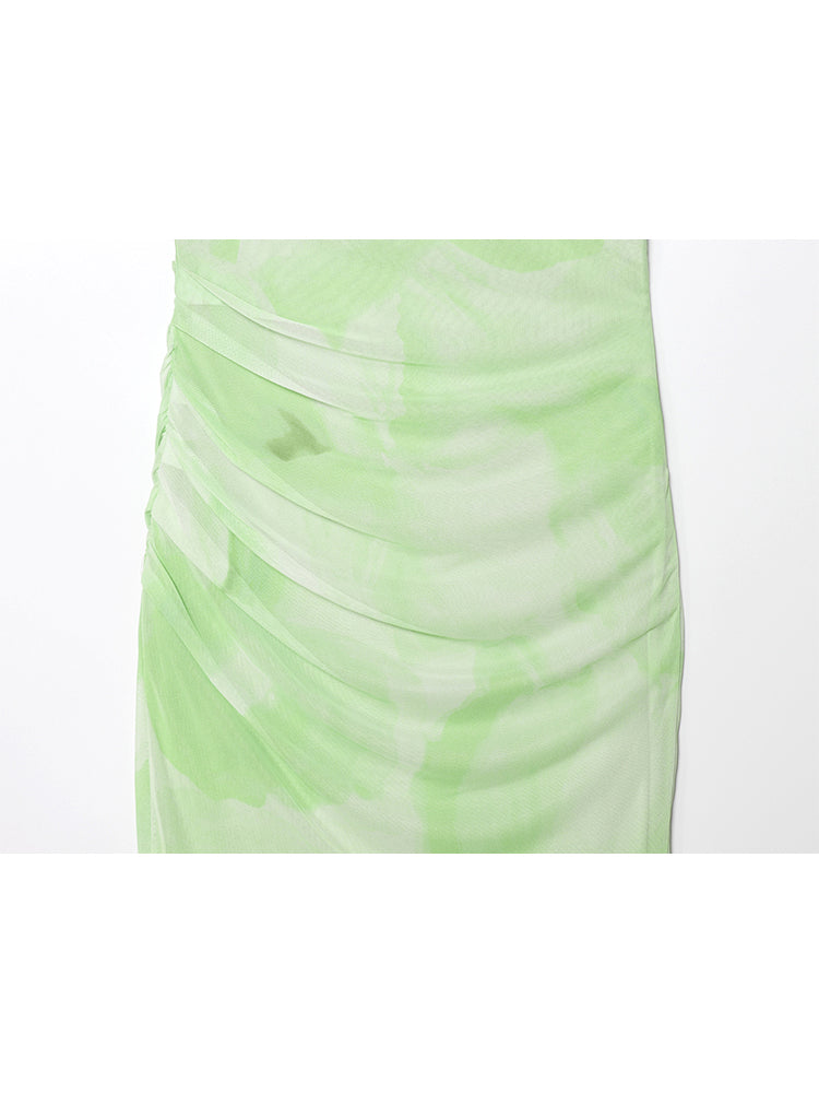 Women's New Fashion scarf decoration tulle pleated suspended Midi dress