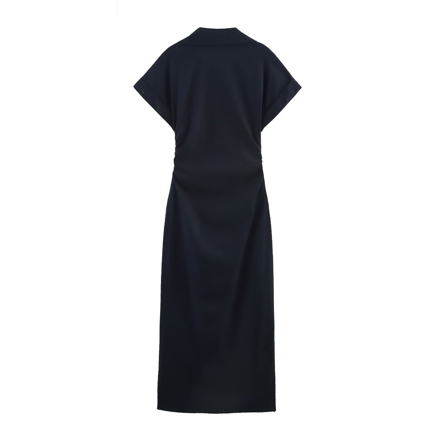 Women's new chic fashion pleated decoration slim single breasted linen blended MIDI dress retro short sleeved women's dress