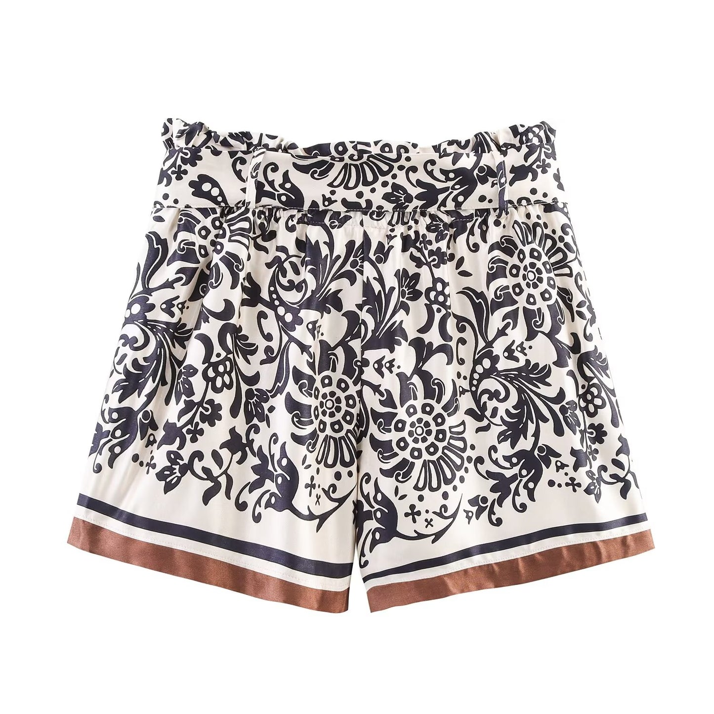 Women's New With Belt Satin Texture paper bag style printed shorts