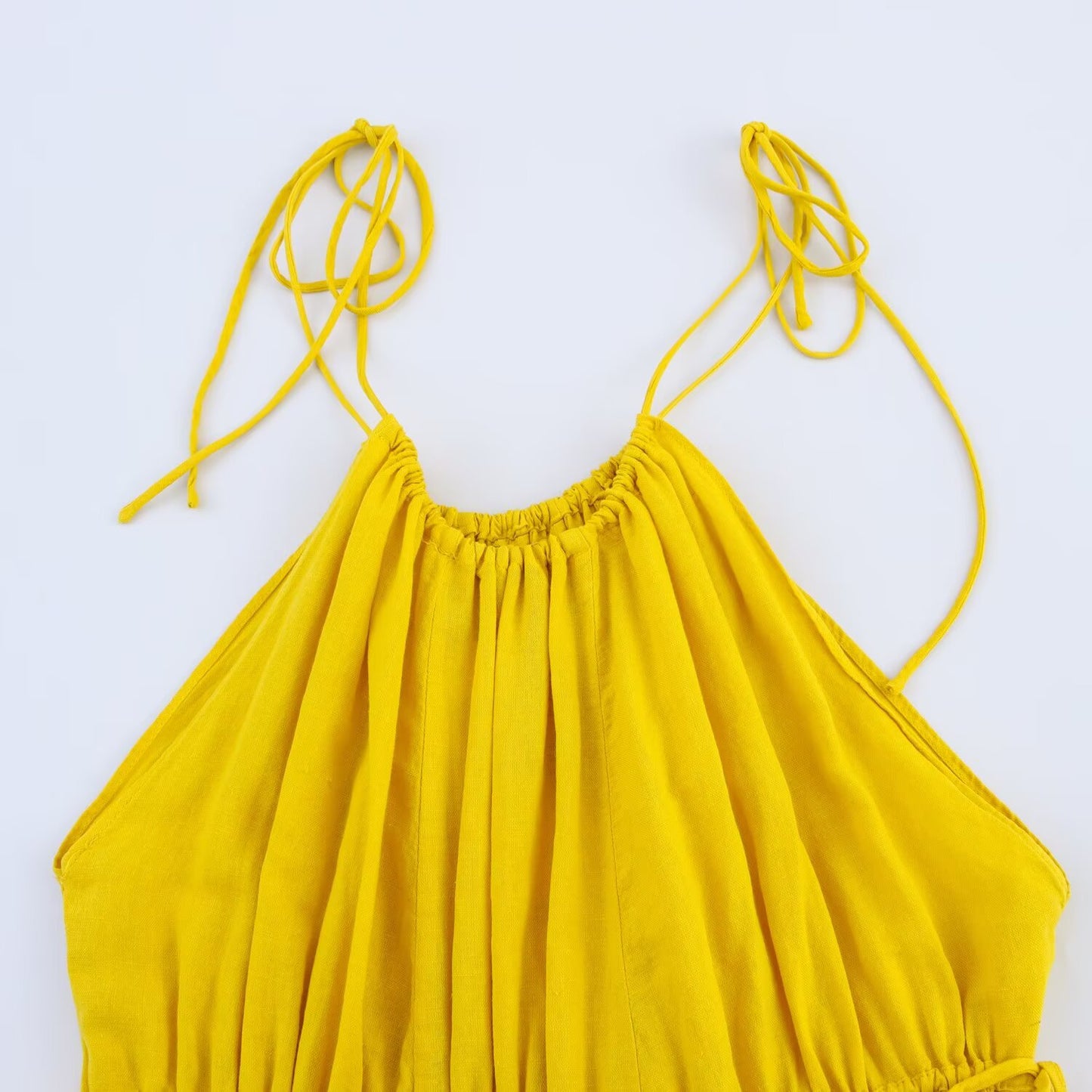 Women's' new fashion wide pleated linen blended suspender MIDI dress