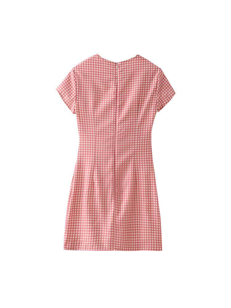 Women's New Fashion bow Lace up decoration slim plaid mini dress