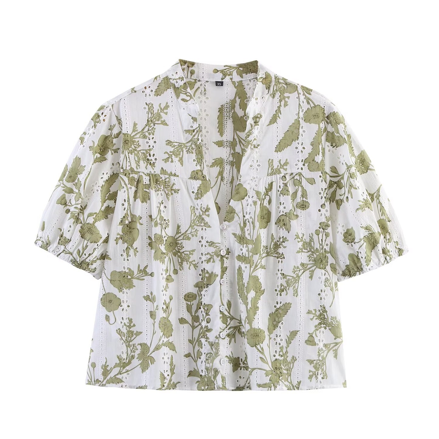 Women's new fashion short sleeved hollow embroidery printed top+shorts suit