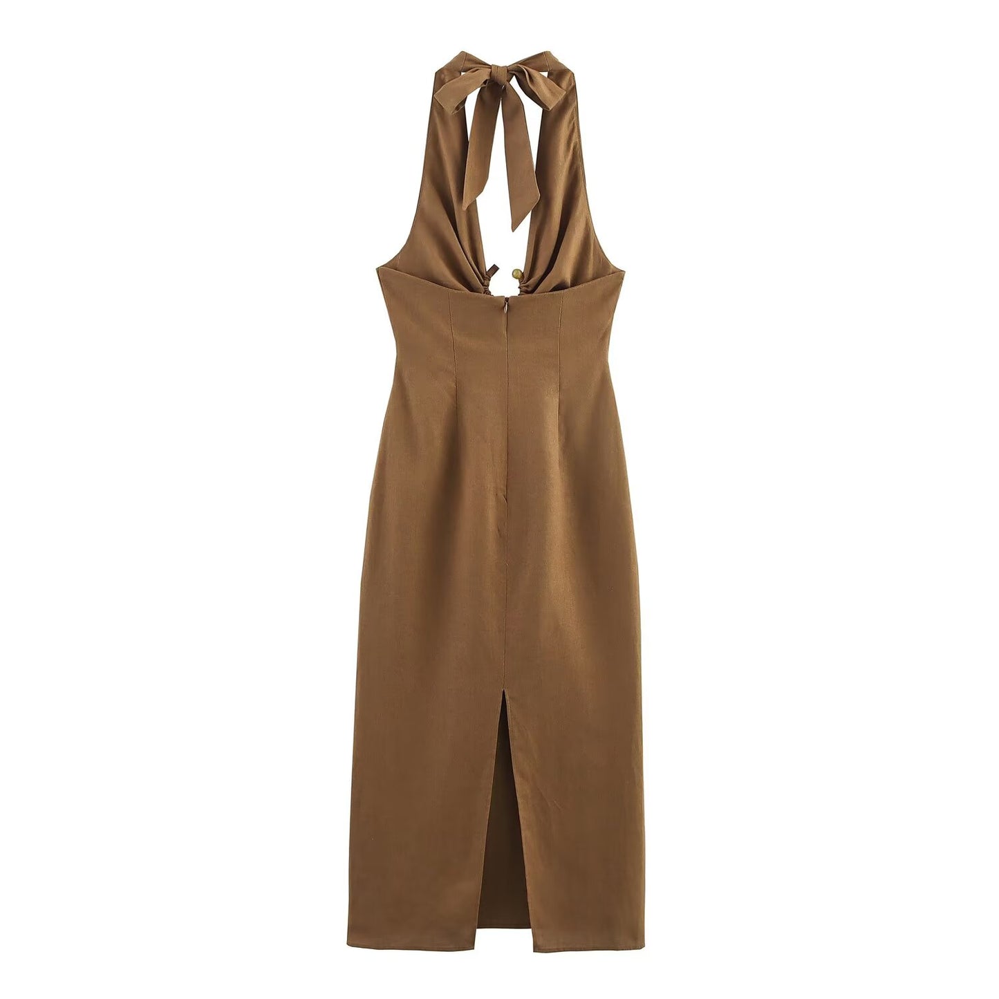 Women's' New Fashion Split design slim linen blend hanging neck MIDI dress