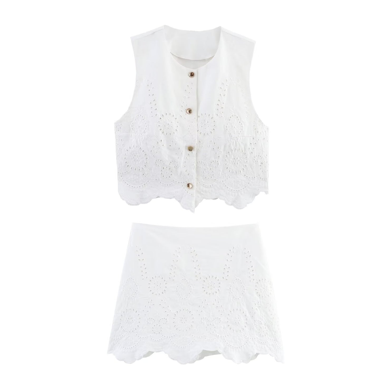 Women's New Fashion Short Hollow Embroidered Vest style Top+Shorts Skirts suit