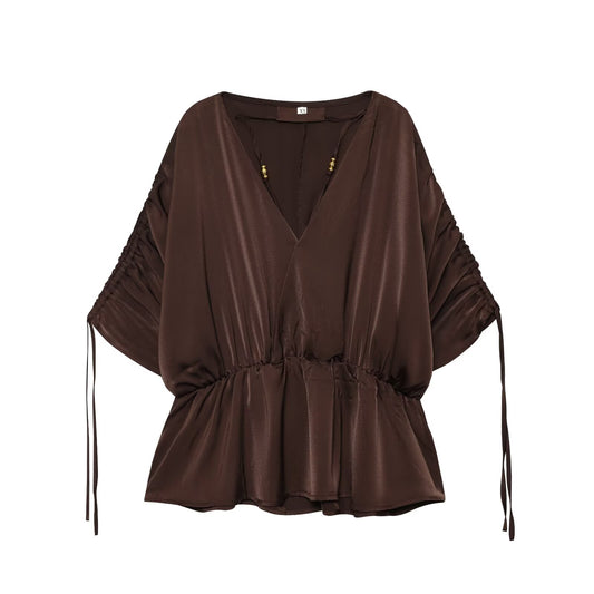 Women's new fashion pleated decoration V-neck satin textured shirt